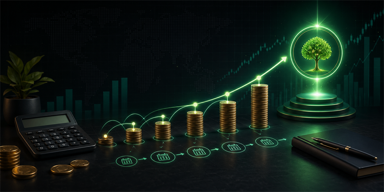 Calculator, coins, and a rising investment path toward a wealth milestone