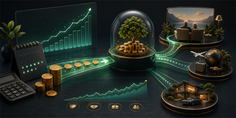 A retirement planning scene with SIP growth flowing toward future lifestyle choices