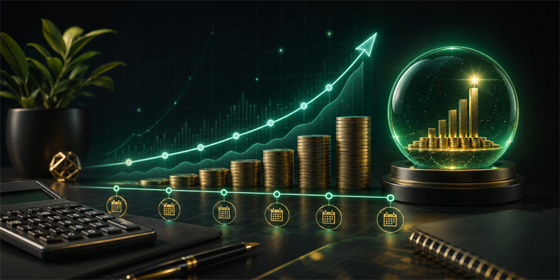 Coins, calculator, and a rising chart representing a 50 lakh SIP goal